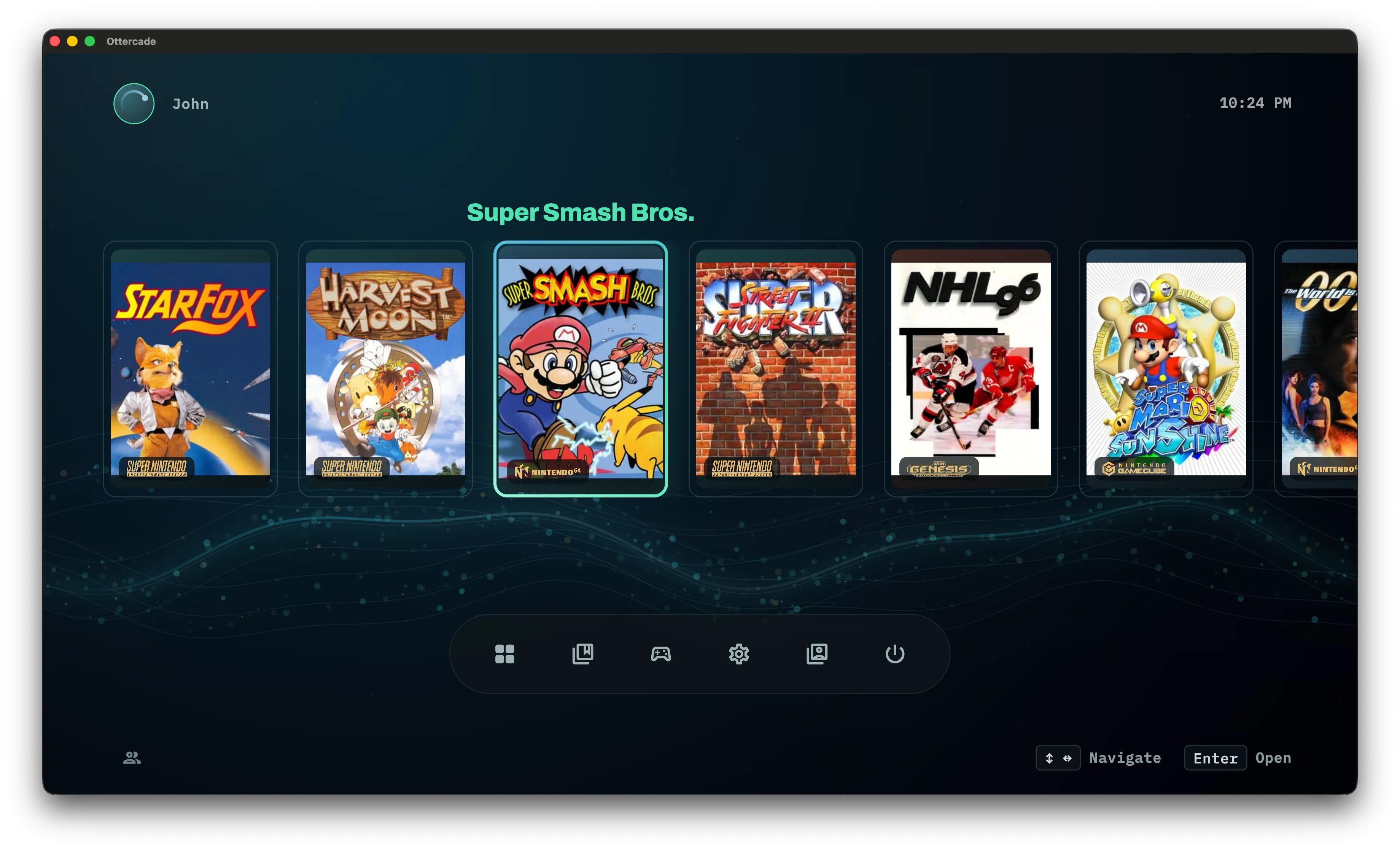 Ottercade main menu with a horizontal game library and Super Smash Bros. selected.