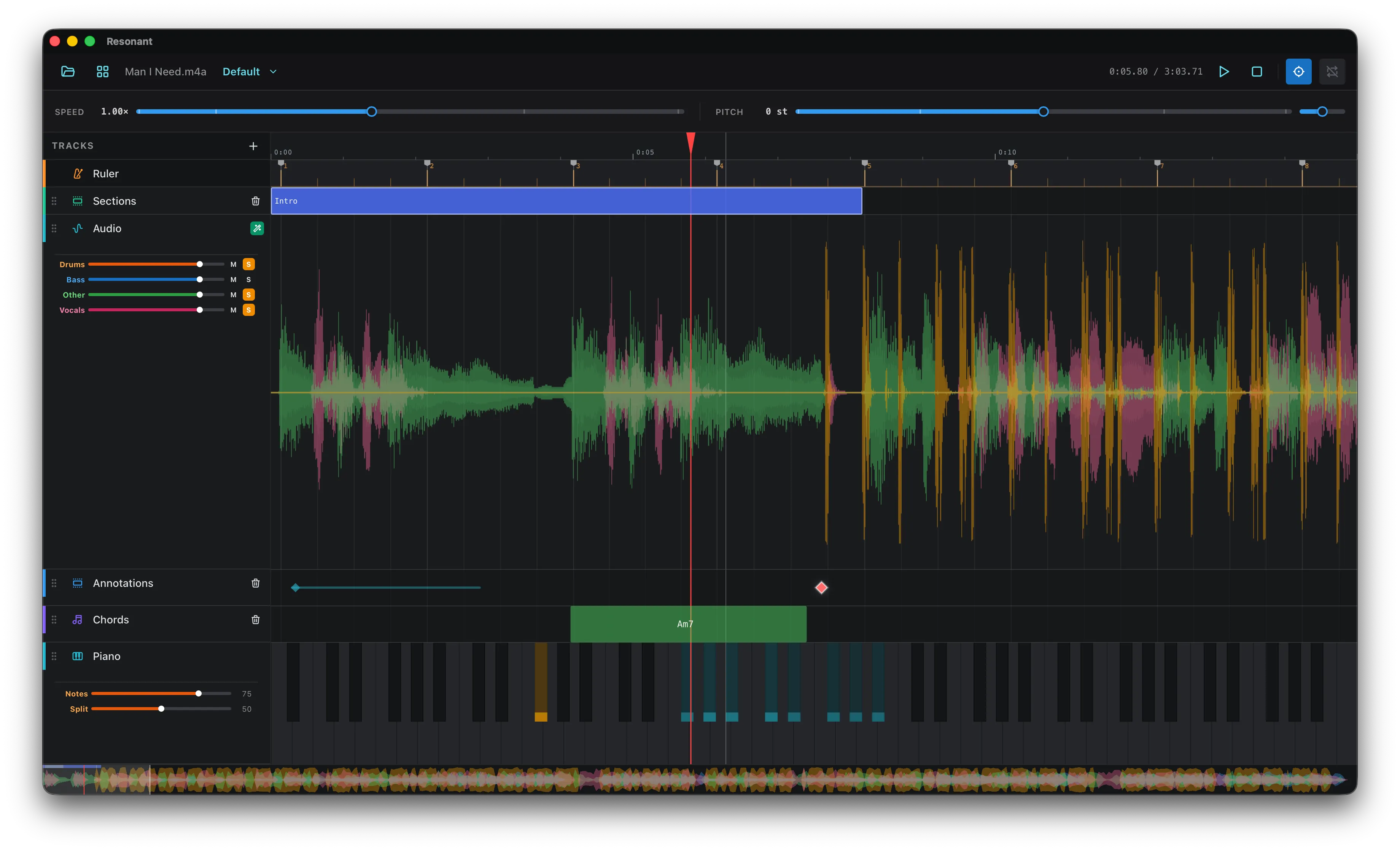 Resonant showing separated audio waveforms, playback controls, chord annotations, and a piano roll.