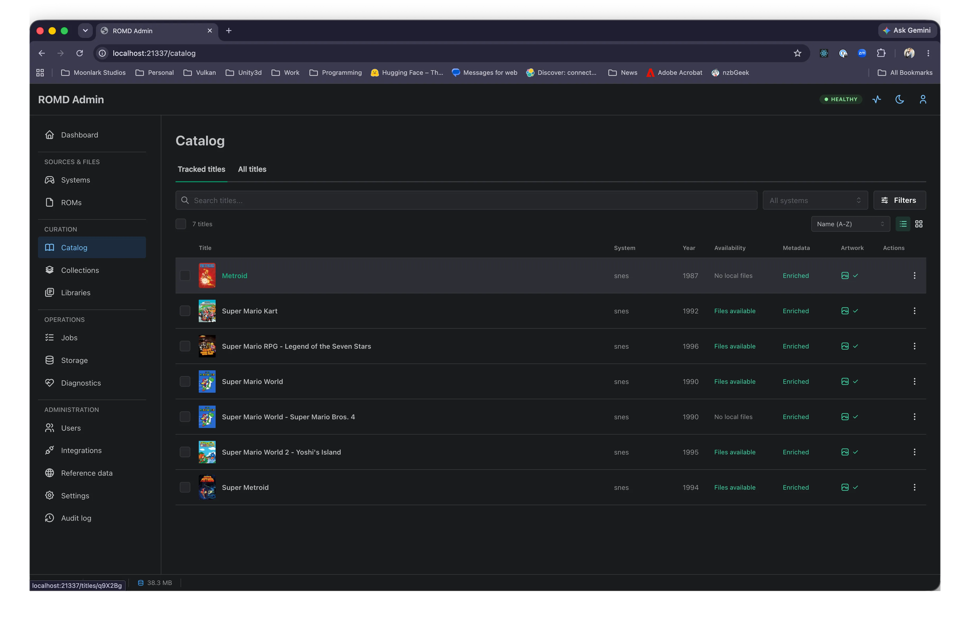 ROMD catalog showing game titles, systems, artwork, metadata, and file availability.